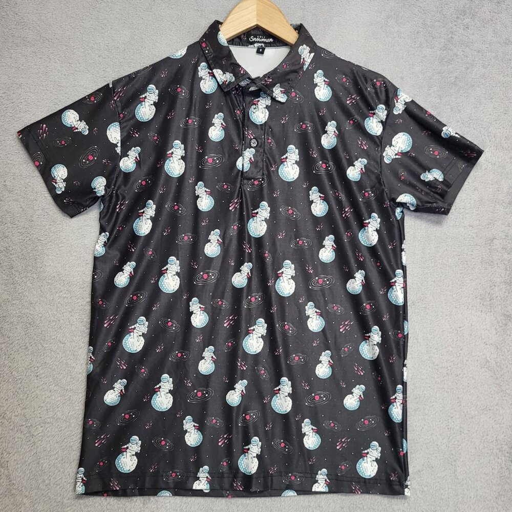 Snowman Golf Polo Shirt Mens Small Black Astronaut Yeti Short Sleeve Performance